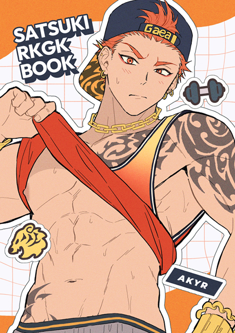 1boy abs arm_tattoo bangs_pinned_back baseball_cap chain_necklace chest_tattoo closed_mouth clothes_lift commentary_request ear_piercing grid_background hao_(haozz) hat head_tilt hip_tattoo ito_satsuki jewelry light_blush looking_at_viewer male_focus necklace nipples orange_eyes orange_hair orange_shirt paradox_live pectorals piercing shirt shirt_lift short_hair shoulder_tattoo shy solo sticker tank_top tattoo upper_body very_short_hair