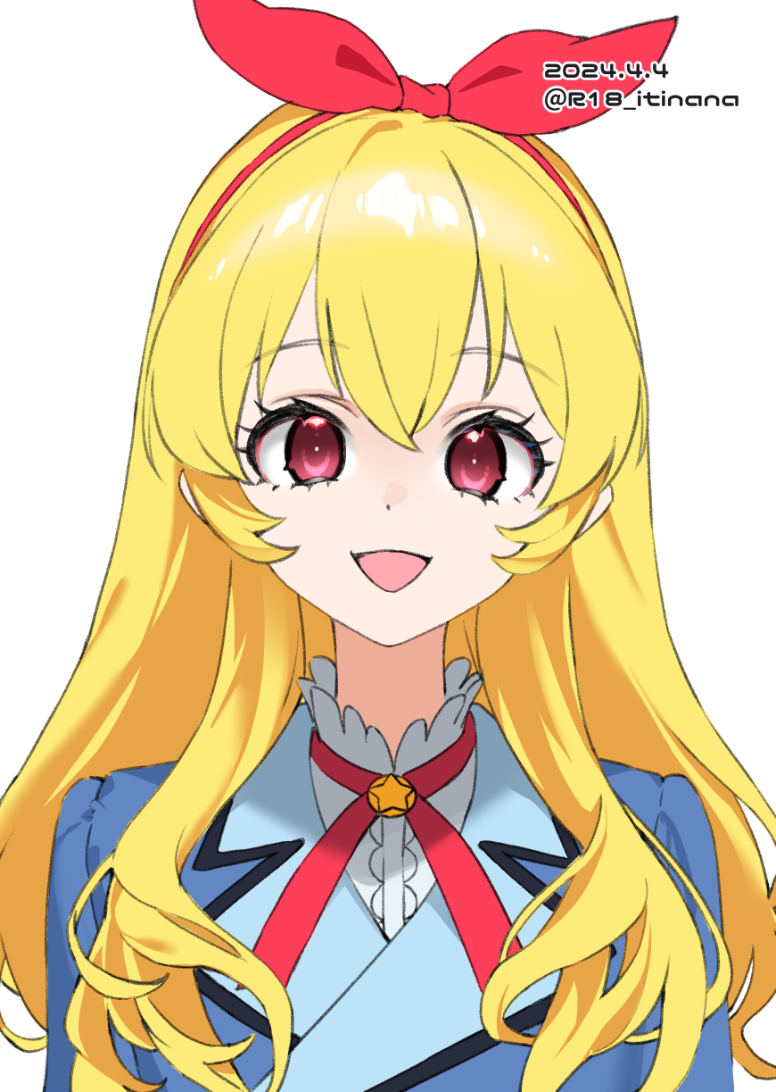 1girl aikatsu! aikatsu!_(series) blonde_hair dated eyelashes hair_between_eyes hairband highres hoshimiya_ichigo long_hair looking_at_viewer mokyutan open_mouth red_eyes red_hairband red_ribbon ribbon school_uniform sidelocks simple_background solo star_(symbol) starlight_academy_school_uniform twitter_username upper_body white_background