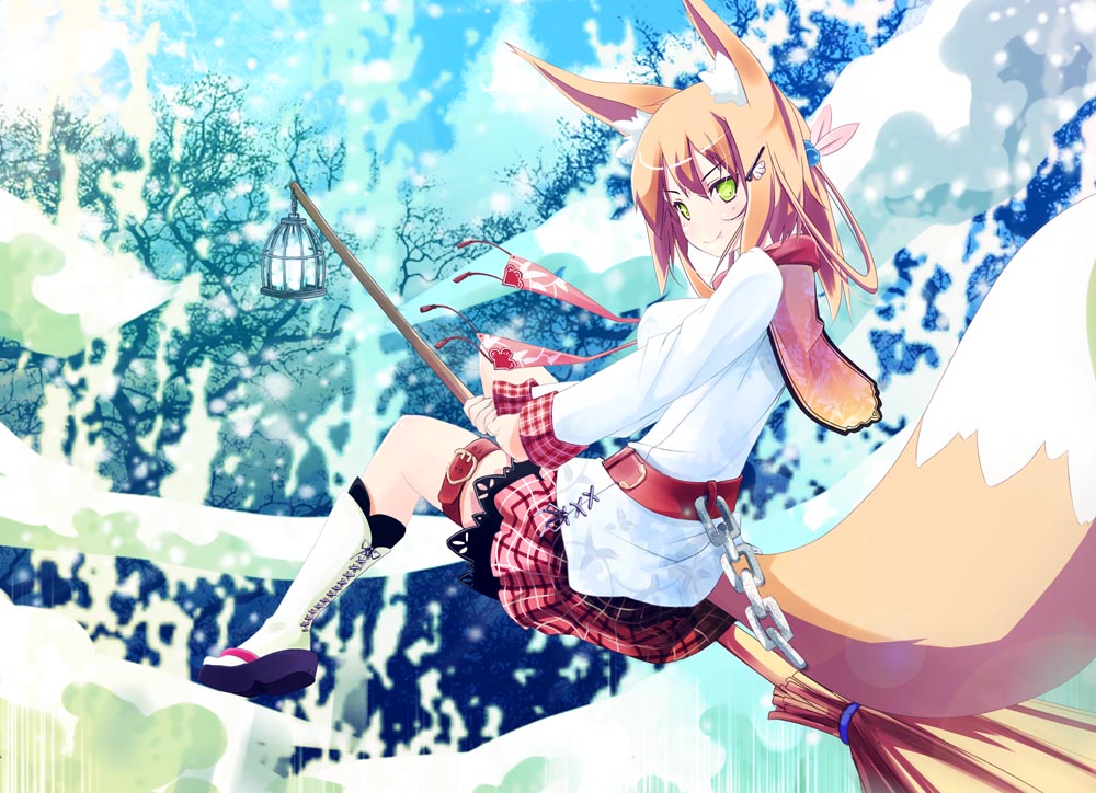 1girl animal_ear_fluff animal_ears broom broom_riding chain checkered_clothes checkered_skirt fox_ears fox_tail frilled_skirt frills green_eyes long_sleeves looking_at_viewer looking_back medium_hair miniskirt ooka_(skavler) orange_hair original outdoors skirt smile solo tail