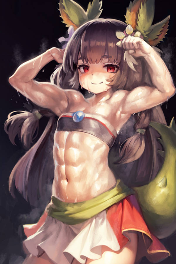 1girl abs armpits arms_up biceps bikini breasts duel_monster flexing hair_ornament long_hair muscular muscular_female red_eyes simple_background small_breasts smile swimsuit toned traptrix_dionaea yilx yu-gi-oh!