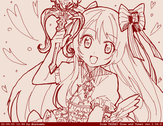 1girl chaos_marie_(grimms_notes) cleavage_cutout clothing_cutout frills grimms_notes hair_ribbon heart heart-shaped_pupils holding holding_wand holding_weapon jewelry long_hair monochrome nekomdr open_mouth pendant puffy_short_sleeves puffy_sleeves ribbon short_sleeves simple_background smile solo symbol-shaped_pupils tegaki_draw_and_tweet upper_body wand weapon wings