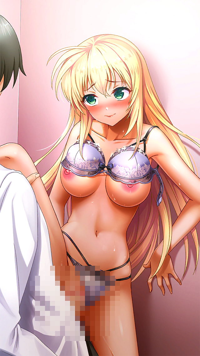 1boy 1girl against_wall bare_arms blonde_hair blush bra bra_lift breasts censored closed_mouth clothing_aside collarbone doukyuusei_another_world game_cg green_eyes hair_between_eyes hetero kakyuusei large_breasts leg_lift long_hair mosaic_censoring multi-strapped_panties navel nipples official_art panties panties_aside penis purple_bra purple_panties pussy_juice sex shirt solo_focus standing standing_sex straight_hair tina_(kakyuusei) underwear underwear_only vaginal very_long_hair white_shirt