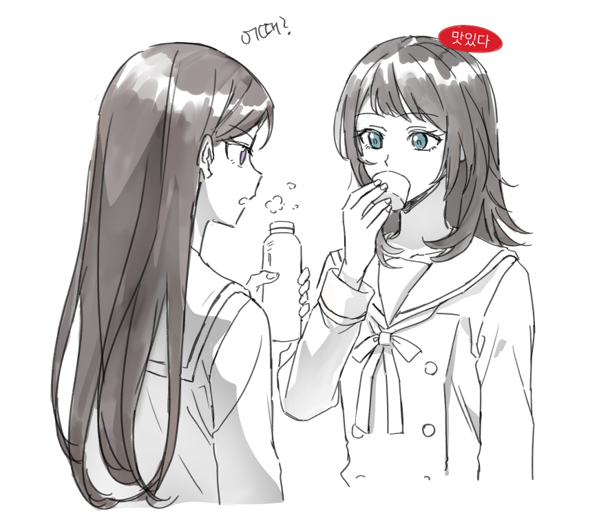 2girls akni bang_dream! bang_dream!_it's_mygo!!!!! black_hair bottle commentary_request dress green_eyes greyscale hanasakigawa_school_uniform holding holding_bottle korean_commentary korean_text long_hair medium_hair monochrome multiple_girls neck_ribbon open_mouth purple_eyes ribbon sailor_collar sailor_dress school_uniform shiina_taki simple_background spot_color steam translation_request upper_body white_background yahata_umiri