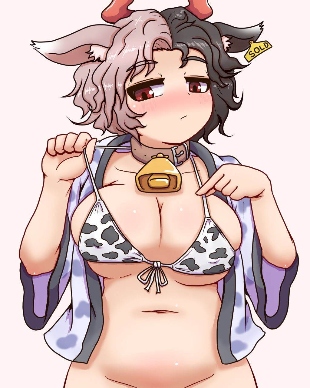 1girl animal_ear_fluff animal_ears animal_print bell bikini bikini_top_only bikini_tug black_hair blush bottomless breasts brown_collar cleavage closed_mouth collar commentary_request convenient_censoring covered_nipples cow_ears cow_horns cow_print cow_print_bikini cowbell cowboy_shot ear_tag english_text front-tie_bikini_top front-tie_top grey_hair highres horns jacket kigan'eiji large_breasts light_frown multicolored_hair navel nose_blush open_clothes open_jacket print_bikini red_eyes red_horns short_hair simple_background solo split-color_hair swimsuit touhou ushizaki_urumi wide_sleeves
