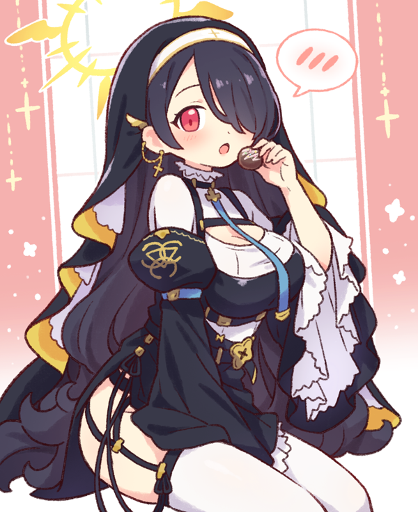 1girl black_dress black_garter_straps black_hair blue_archive blush bon_bon breasts chocolate cleavage commentary_request cross cross_earrings dress ear_piercing earrings frilled_sleeves frills garter_straps habit hair_over_one_eye halo hinata_(blue_archive) jewelry large_breasts long_hair long_sleeves nun onyhakase open_mouth piercing red_eyes sitting solo speech_bubble spoken_blush swept_bangs thighhighs very_long_hair wavy_hair white_thighhighs