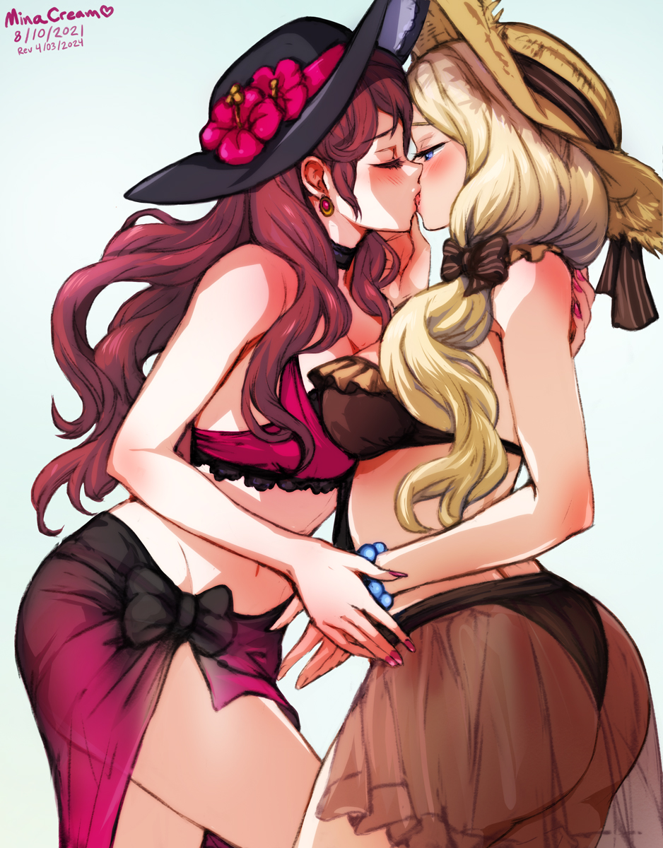 2girls artist_name ass bikini blonde_hair blue_eyes bow breasts brown_bikini brown_hair choker closed_eyes cowboy_shot dated dorothea_arnault dorothea_arnault_(summer) earrings fire_emblem fire_emblem:_three_houses fire_emblem_heroes flower gradient_sarong hair_bow hair_ribbon half-closed_eyes hat hat_flower hat_ribbon highres jewelry kiss long_hair medium_breasts mercedes_von_martritz mercedes_von_martritz_(summer) mina_cream multiple_girls nail_polish official_alternate_costume pink_bikini red_nails ribbon sarong see-through see-through_sarong straw_hat sun_hat swimsuit yuri