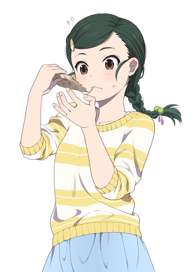 1girl black_hair blue_skirt blush braid breasts brown_eyes eating flying_sweatdrops food green_hair hair_bobbles hair_ornament hairclip hands_up idolmaster idolmaster_cinderella_girls idolmaster_cinderella_girls_starlight_stage long_hair long_sleeves looking_at_another mattaku_mousuke pizza shuto_aoi simple_background skirt small_breasts solo sweatdrop sweater wavy_mouth white_background yellow_sweater