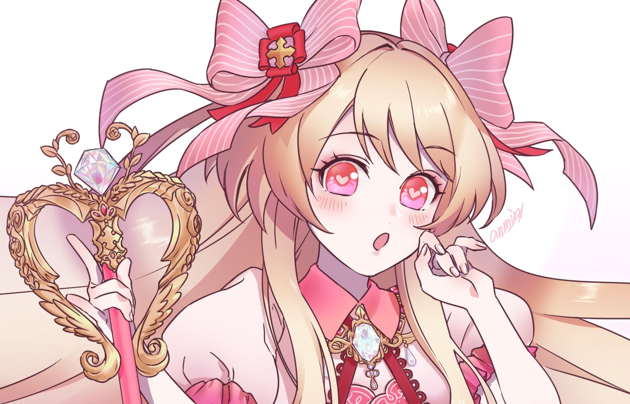 1girl :o anmin blonde_hair blsuh chaos_marie_(grimms_notes) close-up grimms_notes hair_ribbon heart heart-shaped_pupils holding holding_wand holding_weapon jewelry long_hair necklace open_mouth pendant pink_eyes puffy_short_sleeves puffy_sleeves ribbon short_sleeves solo symbol-shaped_pupils wand weapon white_background