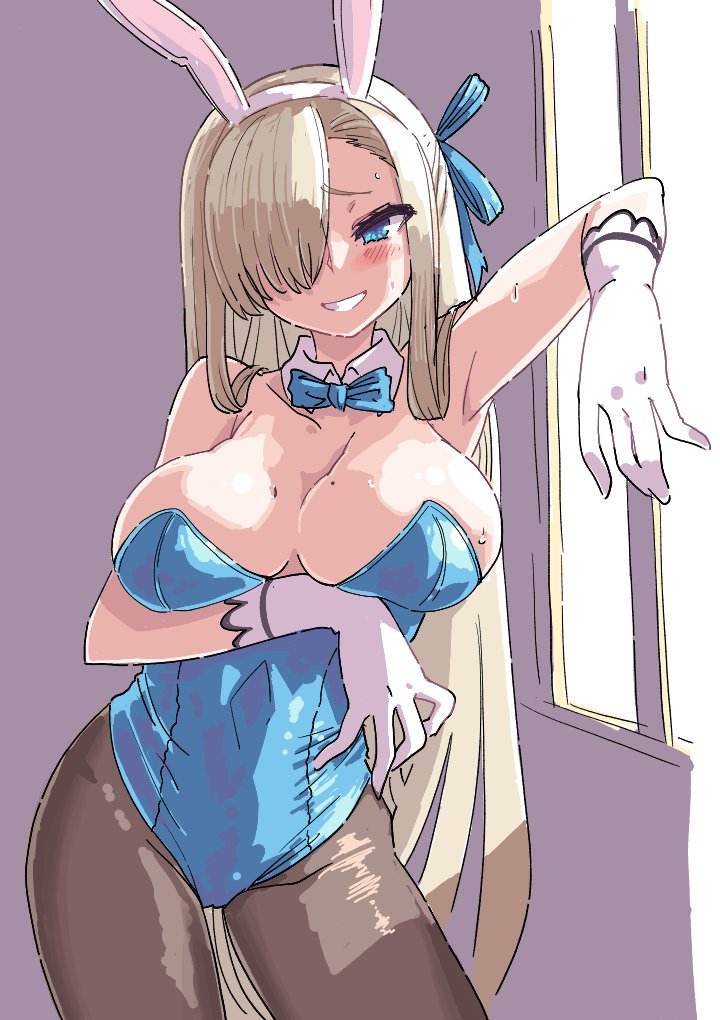 1girl asuna_(blue_archive) asuna_(bunny)_(blue_archive) badluck2033 blonde_hair blue_archive blue_eyes blue_leotard blush bow bowtie breasts detached_collar gloves hair_over_one_eye large_breasts leotard long_hair looking_at_viewer pantyhose playboy_bunny smile solo sweat very_long_hair white_gloves