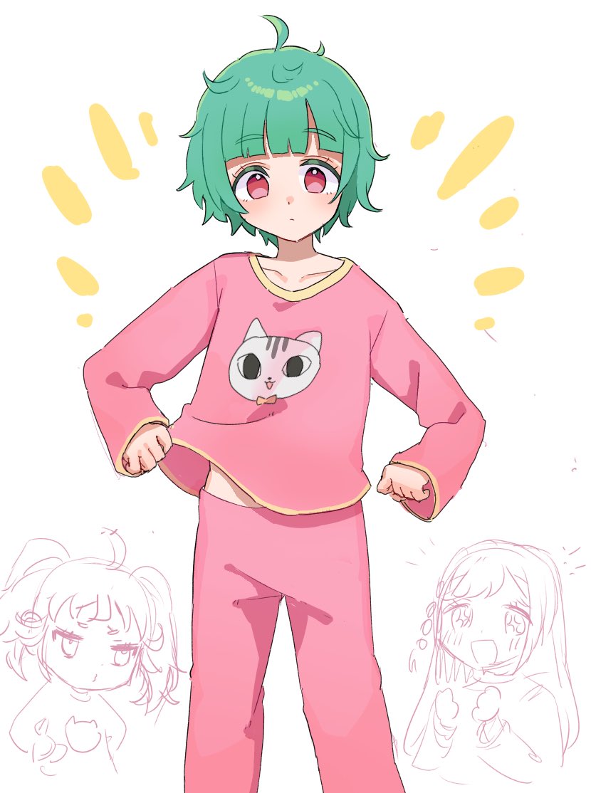 3girls ahoge animal_print blunt_bangs cat_print chikuwa_(tikuwa_primagi) closed_mouth commentary_request green_hair hibino_matsuri long_sleeves looking_down multiple_girls myamu omega_auru pajamas pants pink_pajamas pink_pants pink_shirt pretty_series red_eyes shirt short_hair simple_background solo_focus standing waccha_primagi! white_background