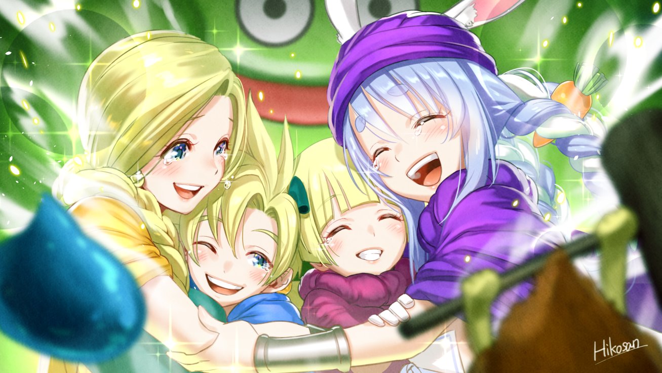 1boy 3girls animal_ears artist_name bianca_(dq5) blonde_hair blue_cape blue_eyes blue_hair blunt_bangs blurry blurry_foreground blush bow bracelet braid cape carrot_hair_ornament cloak closed_eyes commentary_request cosplay dragon_quest dragon_quest_v dress earrings family father_and_daughter father_and_son food-themed_hair_ornament gloves green_bow green_dress hair_bow hair_ornament hammerhood_(dragon_quest) hand_on_another's_arm happy happy_tears heads_together hero's_daughter_(dq5) hero's_son_(dq5) hero_(dq5) hero_(dq5)_(cosplay) hikosan hug jewelry king_cureslime light_particles long_hair looking_at_another mother_and_daughter mother_and_son multicolored_hair multiple_girls one_eye_closed open_mouth orange_cape parted_lips pink_cloak purple_cloak purple_hat rabbit_ears short_hair single_braid slime_(dragon_quest) smile sparkle spiked_hair tears teeth turban twin_braids two-tone_hair upper_body upper_teeth_only usada_pekora white_gloves white_hair