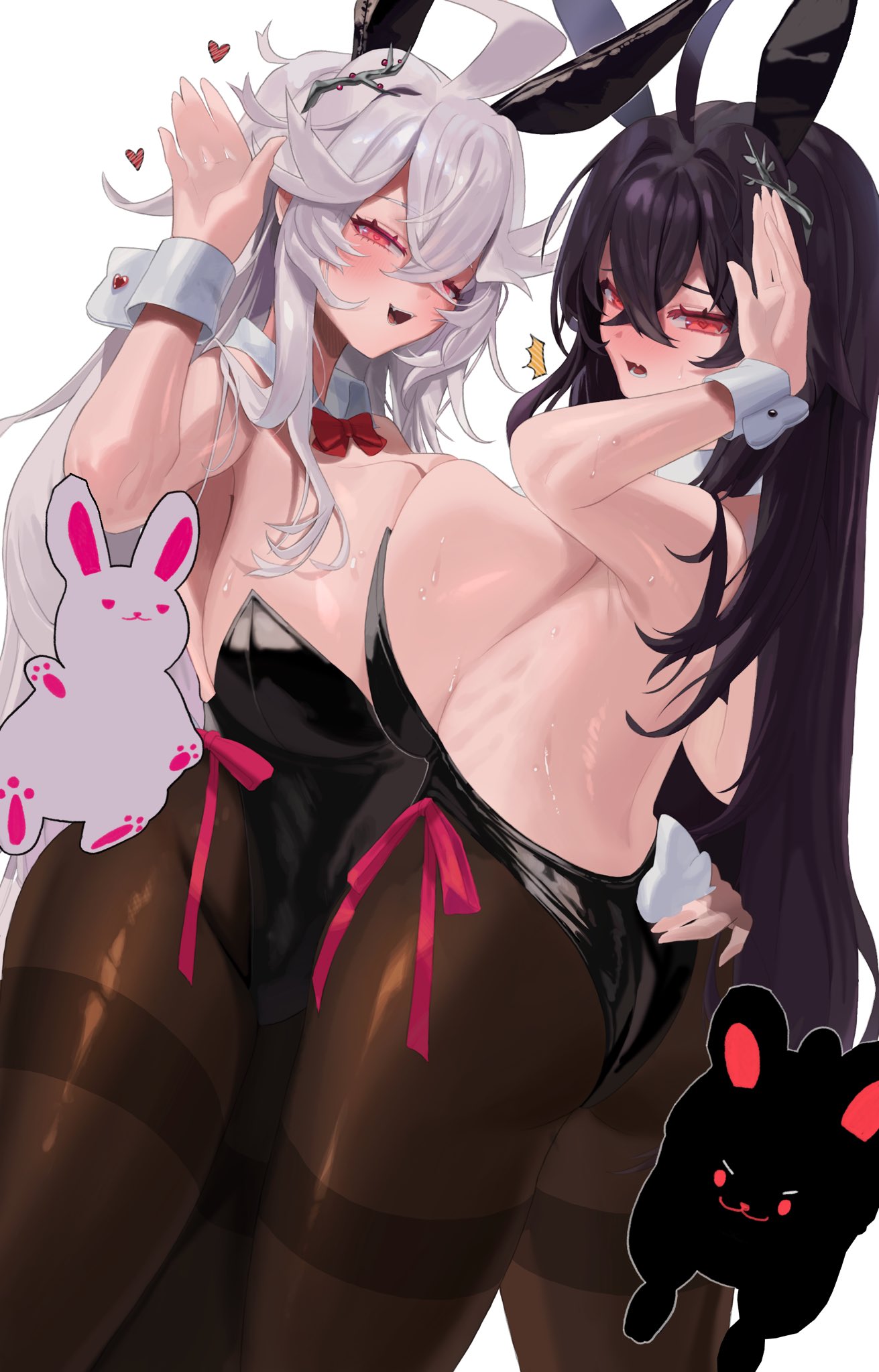 2girls animal_ears arms_up black_hair blush bow bowtie breast_press breasts detached_collar embarrassed fake_animal_ears fake_tail hand_on_another's_hip heart highres large_breasts multiple_girls original pink_eyes playboy_bunny rabbit rabbit_ears rabbit_pose rabbit_tail rima_(0136) simple_background symmetrical_docking tail white_background white_hair wrist_cuffs