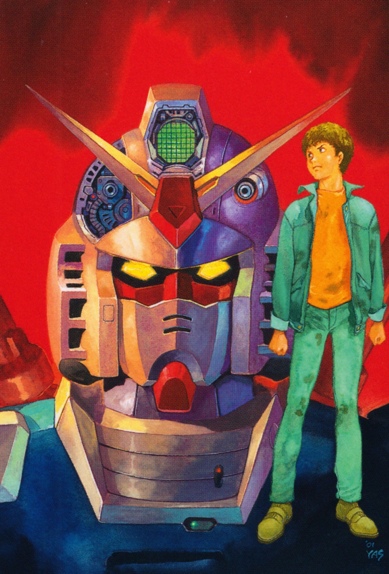 1980s_(style) 1boy 2001 amuro_ray brown_hair dated gun gundam highres jacket looking_at_viewer looking_to_the_side machine_gun machinery mecha mobile_suit mobile_suit_gundam muzzle official_art promotional_art retro_artstyle robot rx-78-2 scan science_fiction signature traditional_media v-fin weapon yasuhiko_yoshikazu yellow_eyes