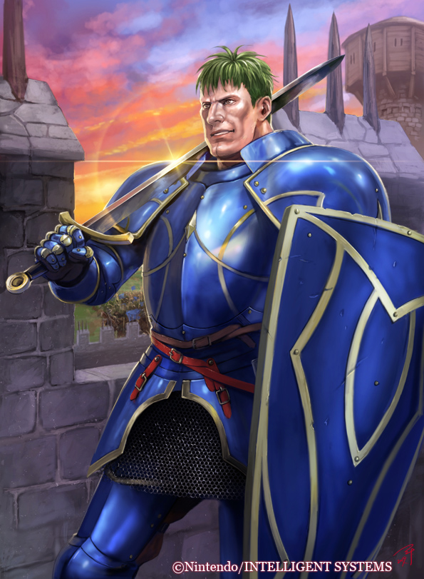 1boy arden_(fire_emblem) armor battlement blue_armor brown_eyes chainmail cleft_chin company_name fire_emblem fire_emblem:_genealogy_of_the_holy_war fire_emblem_cipher glint green_hair holding holding_shield holding_sword holding_weapon official_art outdoors shield short_hair soeda_ippei standing sunset sword weapon