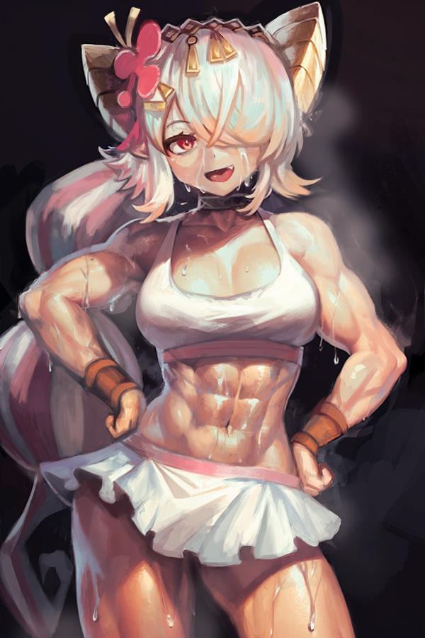 1girl abs breasts brown_wristband cleavage collar duel_monster fang flower_hairband hair_over_one_eye long_hair medium_breasts muscular muscular_female navel open_mouth red_eyes red_hair skirt smile sports_bra steaming_body striped_hair traptrix_pinguicula very_long_hair white_hair white_skirt white_sports_bra yilx yu-gi-oh!