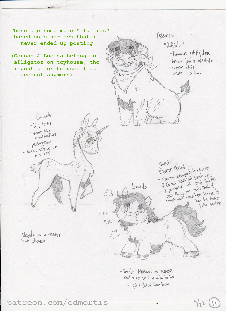 2022 ambiguous_gender arm_scar breath character_name english_text equid equine eyebrows eyelashes facial_scar federalchemical1728 feral fluffalo_(fluffy_pony) fluffy_pony fluffy_pony_(species) fur graphite_(artwork) green_text grey_text group handwritten_text hi_res hooves horn kerchief leg_scar mammal mane mythological_creature mythological_equine mythology narrowed_eyes neckerchief panting pencil_(artwork) puffed_cheeks scar simple_background sitting sketch snout standing tail tail_tuft text traditional_media_(artwork) trio tuft unguligrade unicorn url white_background