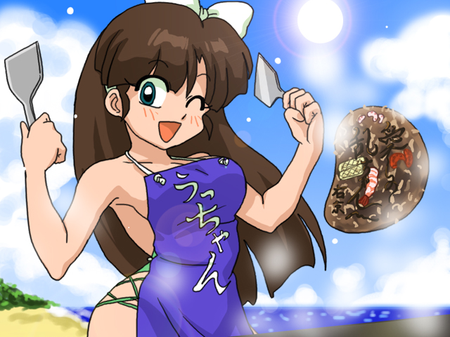 1girl apron blush bow breasts brown_hair cleavage food kuonji_ukyou ocean okonomiyaki one_eye_closed open_mouth ranma_1/2 sand solo swimsuit wanta_(futoshi) water white_bow