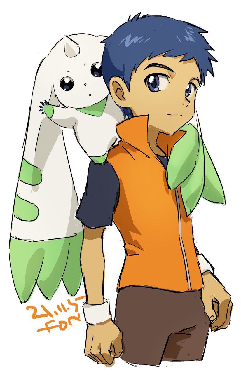 1boy arms_at_sides black_shirt blue_background blue_eyes blue_hair brown_pants card child creature creature_on_shoulder cropped_legs dated digimon digimon_(creature) digimon_tamers fon-due_(fonfon) highres holding holding_card li_jianliang male_focus on_shoulder open_mouth orange_vest pants shirt signature simple_background solo terriermon vest white_background white_wristband