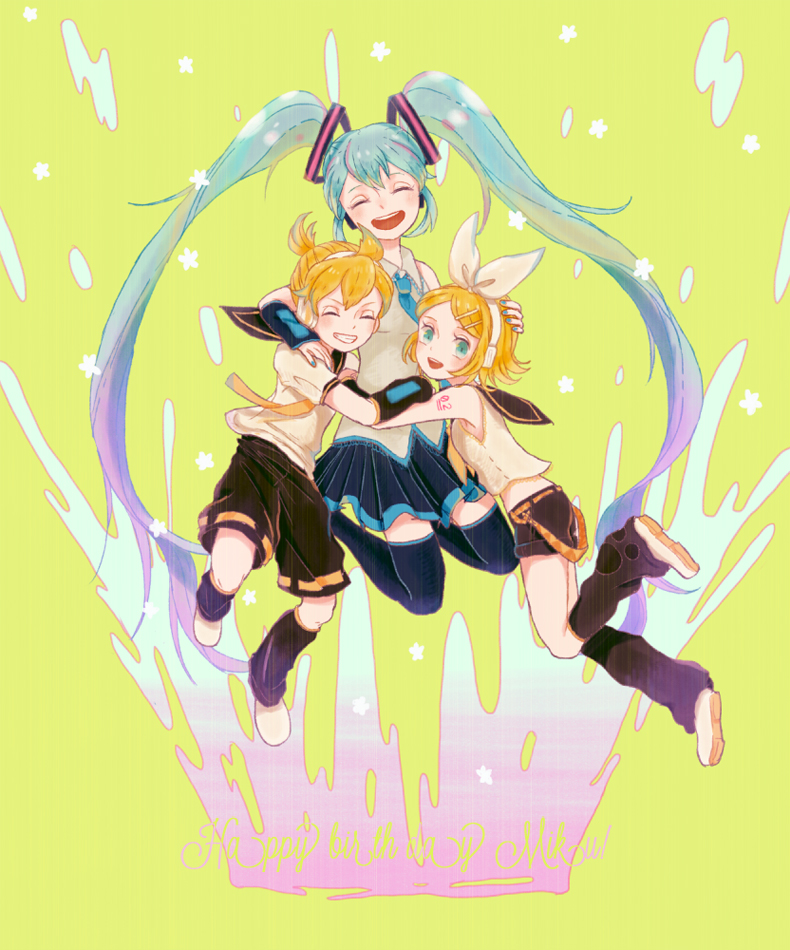 1boy 2girls black_leg_warmers black_shorts black_thighhighs blonde_hair blue_hair blue_nails blue_necktie closed_eyes collared_shirt commentary_request facing_viewer green_background grey_shirt grin hair_ornament hairclip happy_birthday hatsune_miku headband headset jumping kagamine_len kagamine_rin long_hair looking_at_viewer memi_(gamemix) multiple_girls necktie number_tattoo open_mouth pleated_skirt shirt short_hair short_ponytail short_sleeves shorts skirt smile tattoo thighhighs very_long_hair vocaloid white_footwear white_headband white_shirt yellow_necktie