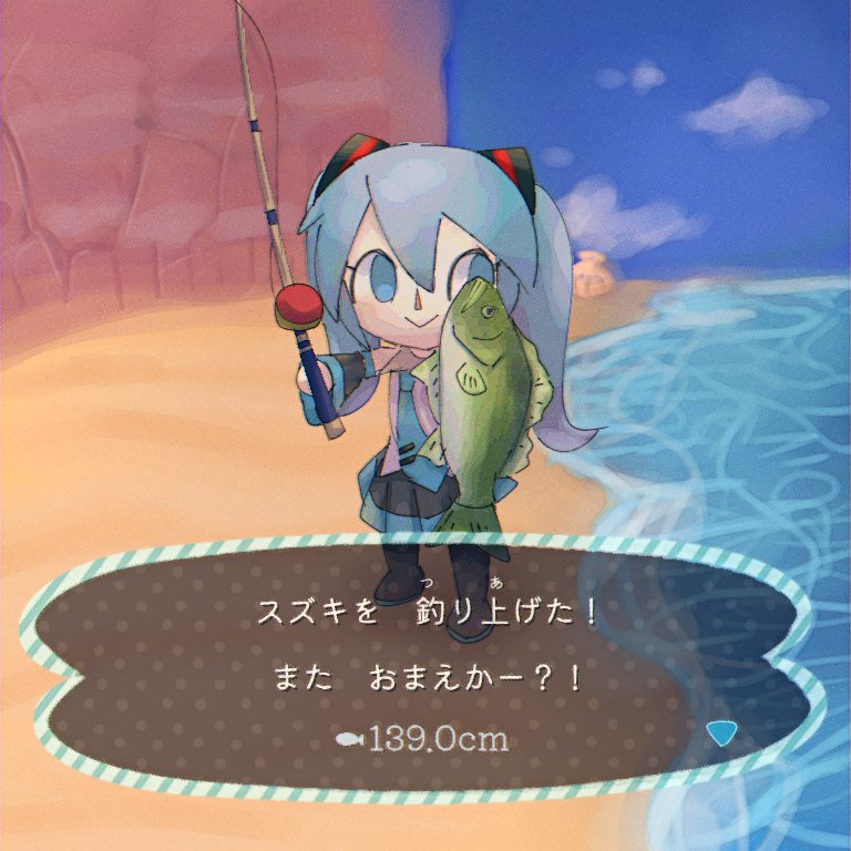 1girl :&gt; animal animal_crossing beach black_footwear black_skirt blue_eyes blue_necktie blue_sky boots chibi cliff closed_mouth day detached_sleeves dialogue_box fish fishing_rod full_body grey_shirt hair_ornament hatsune_miku holding holding_animal holding_fish holding_fishing_rod horizon long_hair looking_at_viewer myon_x necktie outdoors parody pleated_skirt sand sea_bass_(animal_crossing) shirt sideways_glance skirt sky sleeveless sleeveless_shirt solo standing style_parody thigh_boots translation_request twintails vocaloid