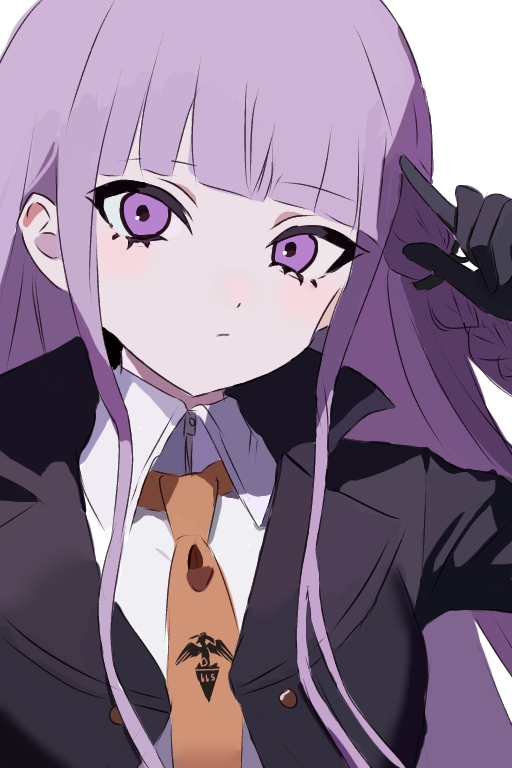 1girl black_gloves black_jacket black_ribbon blunt_bangs braid brown_necktie closed_mouth collared_shirt danganronpa:_trigger_happy_havoc danganronpa_(series) gloves jacket kirigiri_kyoko long_hair nagi_(user_kxkw7854) necktie necktie_print open_clothes open_jacket pink_eyes pink_hair ribbon shirt side_braid simple_background solo white_background white_shirt