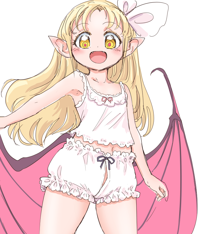 1girl bat_wings blonde_hair bloomers bow bow_bloomers bow_camisole camisole commentary_request cowboy_shot fangs hair_bow kurumi_(touhou) light_blush long_hair looking_back midriff navel open_mouth pointy_ears purple_pupils s-a-murai smile solo standing touhou touhou_(pc-98) underwear underwear_only white_background white_bloomers white_bow white_camisole wings yellow_eyes
