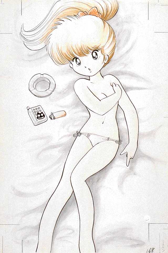 1980s_(style) 1girl :o azuma_hideo cigarette_pack covering_breasts covering_privates feet_out_of_frame from_above lighter long_hair looking_at_viewer lying navel non-web_source on_back orange_hair original ponytail retro_artstyle solo traditional_media