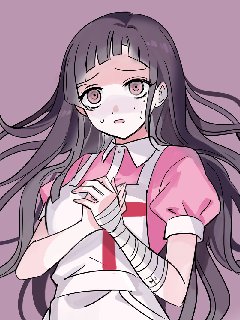 1girl apron collared_shirt d: danganronpa_(series) danganronpa_2:_goodbye_despair long_hair migi_(user_juhu3444) mole mole_under_eye own_hands_together pink_background pink_eyes pink_shirt shirt simple_background solo sweat tsumiki_mikan upper_body white_apron