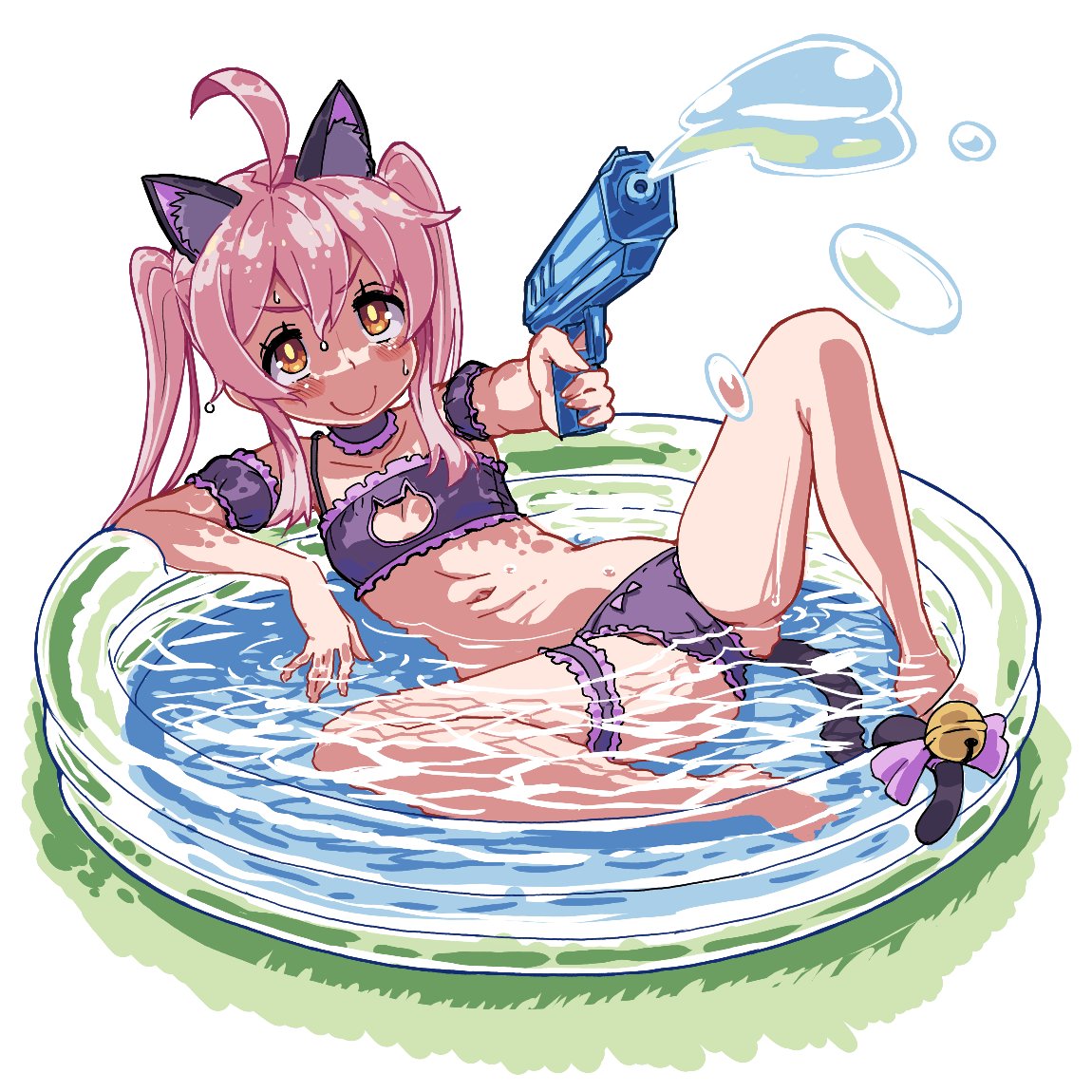 1girl ahoge animal_ears badluck2033 bell blush bridal_garter brown_eyes cat_ears cat_lingerie fake_animal_ears fake_tail flat_chest long_hair looking_at_viewer meme_attire onii-chan_wa_oshimai! oyama_mahiro partially_submerged pink_hair smile solo tail tail_bell tail_ornament twintails wading_pool water water_gun