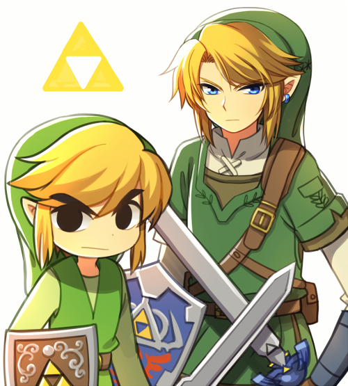 black_eyes blonde_hair blue_eyes clothing duo ear_piercing ear_ring elf hair hat headgear headwear holding_object holding_shield holding_sword holding_weapon humanoid humanoid_pointy_ears hylian hylian_shield light_body light_skin link male master_sword melee_weapon nintendo not_furry piercing ring_piercing shield shirt square_crossover sword the_legend_of_zelda toon_link topwear triforce tunic weapon wind_waker wusagi2