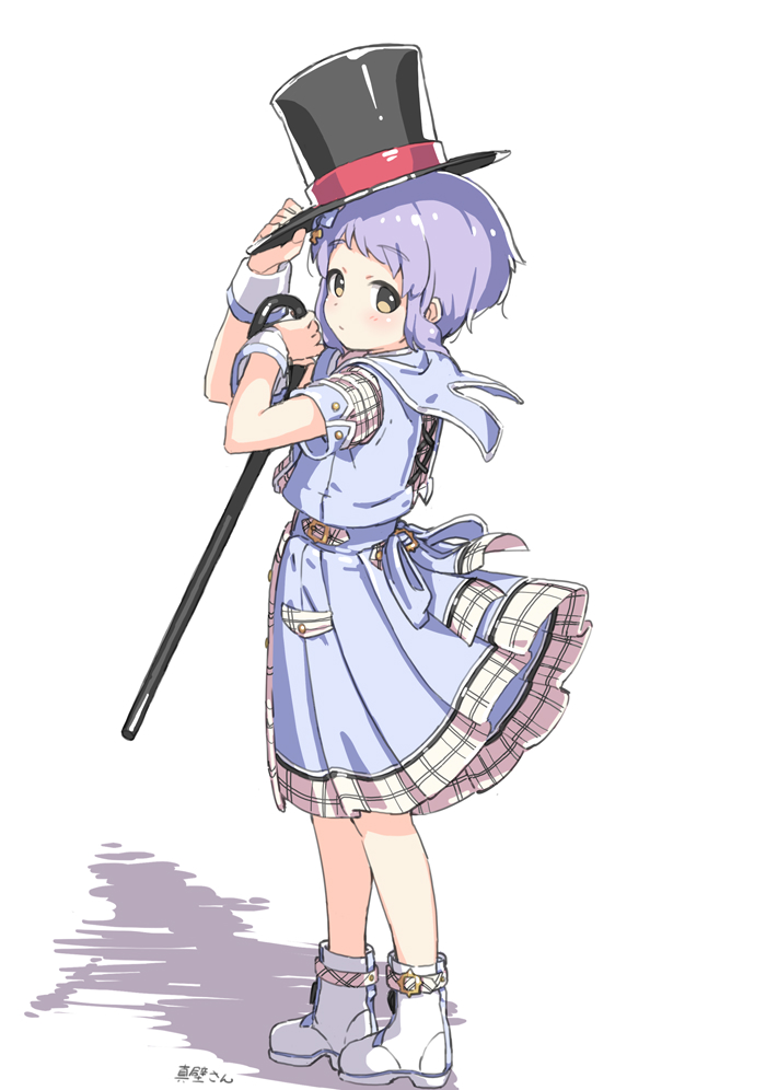 1girl black_hat blue_dress blush character_name closed_mouth collared_shirt dress expressionless from_side full_body hat holding holding_clothes holding_hat holding_wand idolmaster idolmaster_million_live! idolmaster_million_live!_theater_days kuresuku_(lessons) looking_at_viewer looking_to_the_side makabe_mizuki official_alternate_costume plaid plaid_dress pocket purple_hair shadow shirt short_hair short_sleeves sidelocks simple_background sleeves_rolled_up solo standing top_hat very_short_hair waist_ribbon wand white_background wind wind_lift wrist_cuffs