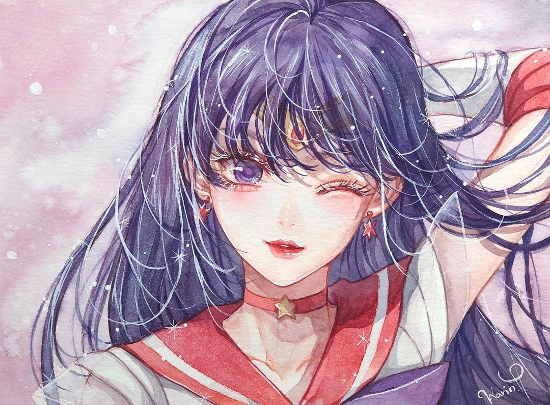 1girl ;) bishoujo_senshi_sailor_moon bow choker circlet close-up commentary_request earrings eyelashes hair_between_eyes hino_rei jewelry karin_park long_hair magical_girl one_eye_closed painting_(medium) purple_bow purple_eyes purple_hair red_choker red_sailor_collar sailor_collar sailor_mars sailor_senshi_uniform signature smile solo sparkle star_(symbol) star_earrings traditional_media watercolor_(medium)