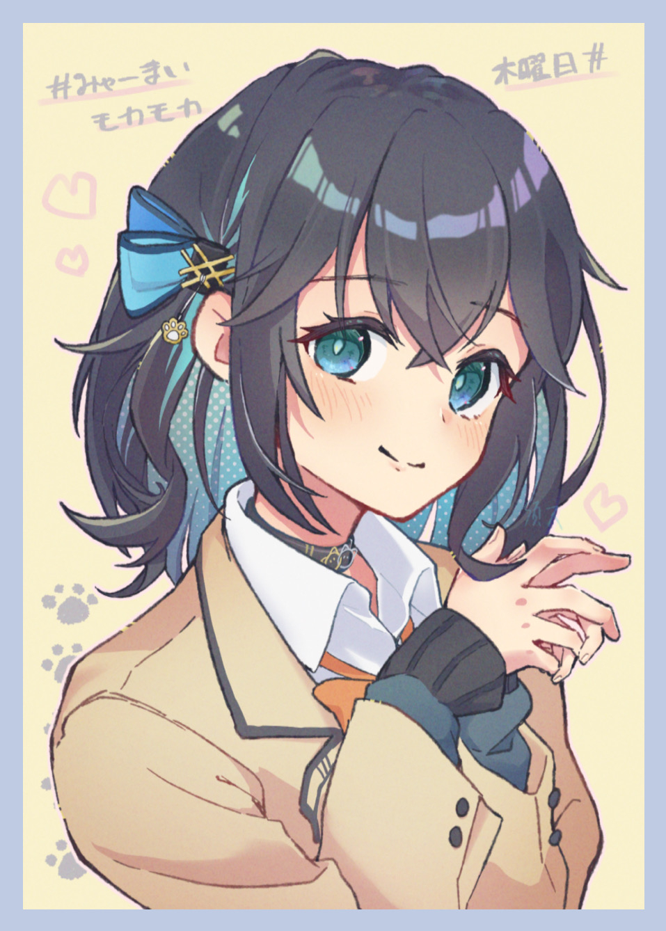 1girl aqua_bow aqua_eyes aqua_hair blazer blue_border blush border bow bowtie brown_jacket buttons choker closed_mouth collared_shirt colored_inner_hair crossed_bangs fingernails grey_choker grey_hair grey_sweater hair_between_eyes hair_bow halftone haru1suama heart highres jacket layered_sleeves long_sleeves looking_at_viewer medium_hair miyamai_moca multicolored_hair orange_bow orange_bowtie outline own_hands_together pink_outline shirt smile solo sweater upper_body voicepeak white_shirt yellow_background