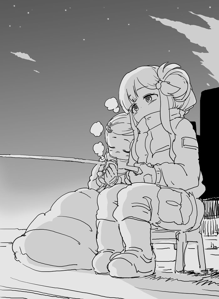 2girls asari_nanami blush boots breasts closed_eyes cloud cup dot_nose fish_hair_ornament fishing fishing_rod gloves greyscale hair_ornament hair_rings hairclip holding holding_cup holding_fishing_rod idolmaster idolmaster_cinderella_girls idolmaster_cinderella_girls_starlight_stage jacket long_hair looking_at_another medium_breasts monochrome multiple_girls night night_sky nishino_hikoji on_chair outdoors pants shuto_aoi sitting sky sleeping_bag small_breasts star_(sky) starry_sky steam