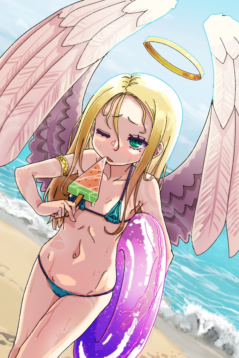 1girl angel angel_wings aqua_bikini badluck2033 beach bikini blonde_hair breasts feathered_wings food green_eyes halo highres hot innertube long_hair micro_bikini mole mole_under_eye navel one_eye_closed original popsicle small_breasts solo swim_ring swimsuit water watermelon_bar wings