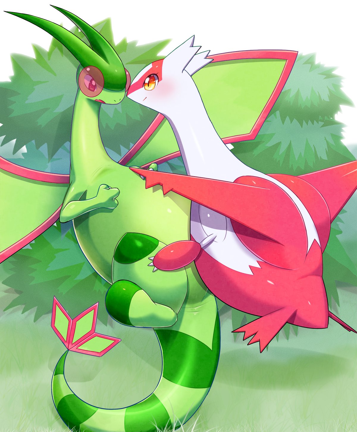 bonte380381 claws colored_sclera fang flygon grass highres latias lying no_humans on_back pokemon pokemon_(creature) red_eyes yellow_eyes