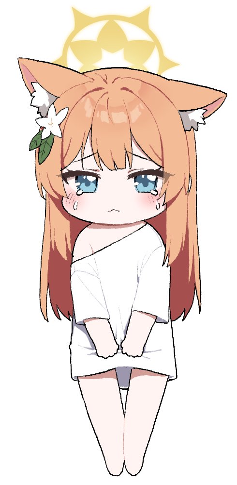 1girl alternate_costume animal_ear_fluff animal_ears blue_archive blue_eyes blush cat_ears chibi crying crying_with_eyes_open hair_ornament halo holding holding_clothes looking_at_viewer mari_(blue_archive) myeolchi orange_hair pout shirt single_bare_shoulder t-shirt tears white_background white_shirt yellow_halo