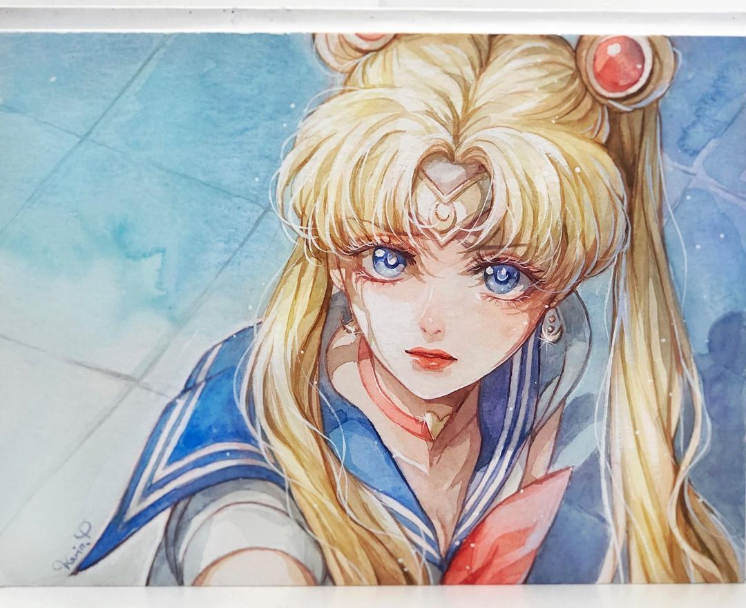 1girl bishoujo_senshi_sailor_moon blonde_hair blue_eyes blue_sailor_collar bow choker circlet commentary_request derivative_work earrings eyelashes jewelry karin_park korean_commentary magical_girl on_ground painting_(medium) red_bow red_choker red_lips sailor_collar sailor_moon sailor_senshi_uniform screenshot_redraw shadow signature solo traditional_media tsukino_usagi twintails upper_body watercolor_(medium)