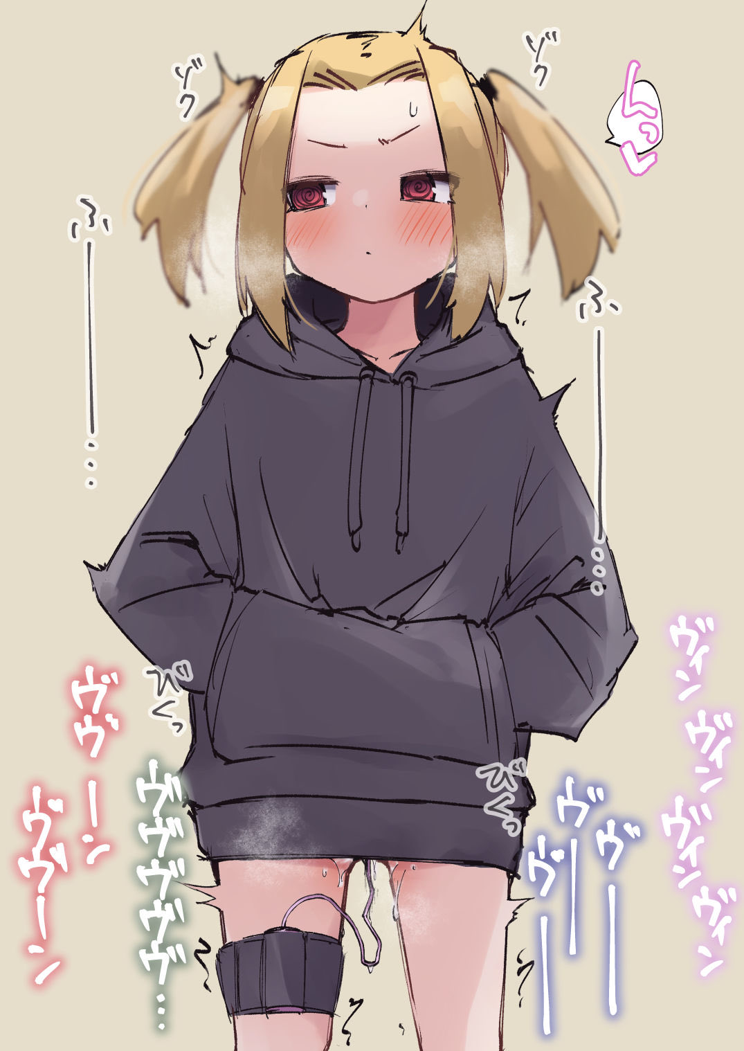 1girl aketa_chika black_hoodie blonde_hair blush commentary_request drawstring grey_background hands_in_pockets heart highres hood hood_down hoodie original parted_bangs pussy_juice red_eyes simple_background solo steaming_body sweat twintails vibrator_cord vibrator_in_thigh_strap