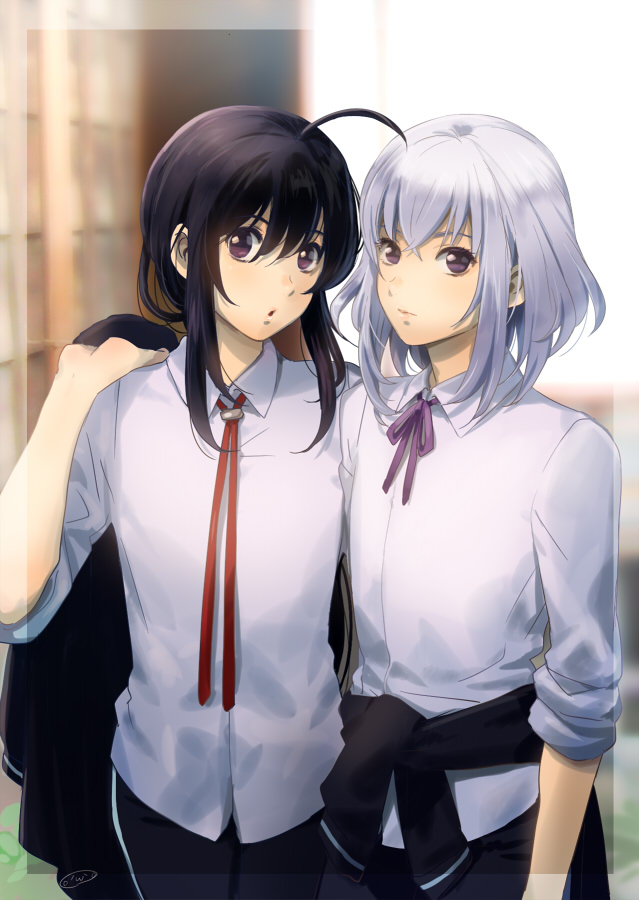 2boys ahoge black_hair blurry blurry_background clothes_around_waist collared_shirt honebami_toushirou male_focus mizuhara_aki multiple_boys namazuo_toushirou purple_eyes shirt silver_hair sleeves_rolled_up touken_ranbu upper_body