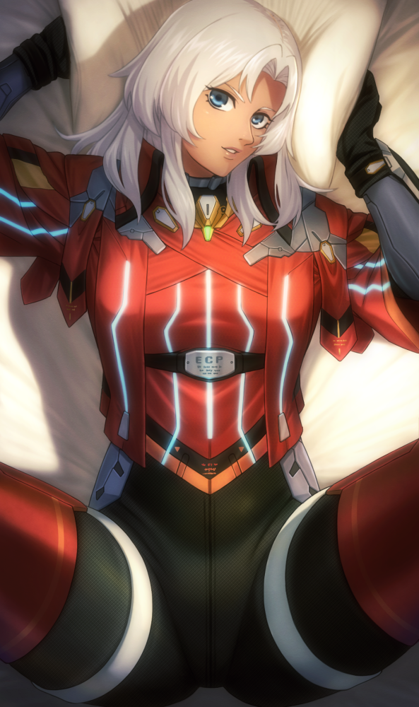 1girl arm_up bajima_shouhei blue_eyes bodysuit bodysuit_under_clothes crotch_seam elma_(xenoblade_x) from_above gloves glowing glowing_clothes grabbing grey_hair hand_up legs_up light_smile lips long_hair long_sleeves looking_at_viewer parted_lips pillow pillow_grab reward_available solo spread_legs tan thighhighs vest xenoblade_chronicles_(series) xenoblade_chronicles_x