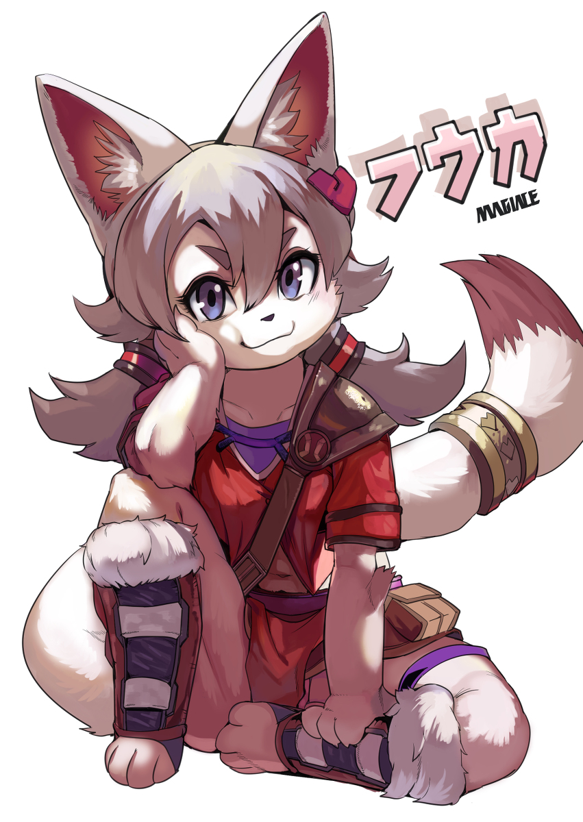 accessory anthro band blue_eyes clothing domestic_cat felid feline felis female fur furgonomics hair hand_on_head hand_on_leg hi_res looking_at_viewer magiace mammal red_clothing sitting smile solo solo_focus tail_accessory tailband white_body white_fur white_hair