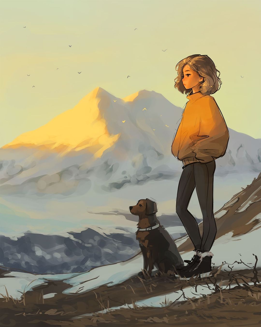 1girl bird collarbone day dog hands_in_pockets highres long_sleeves mountain outdoors portrait sam_yang sky snow sunrise