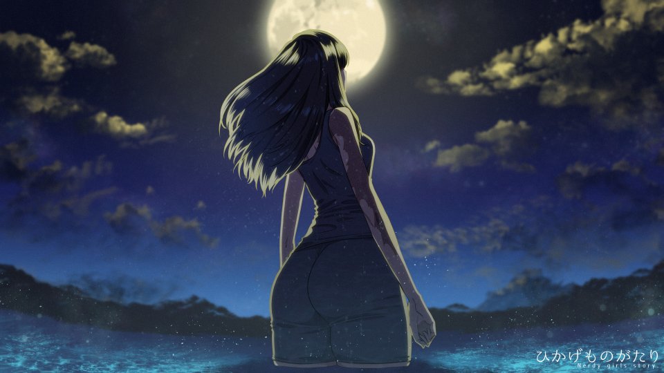 1girl amamiya_yumi ass black_hair burn_scar cloud facing_away from_behind from_below full_moon medium_hair moon moonlight nerdy_girl's_story night night_sky one-piece_swimsuit outdoors partially_submerged scar sky solo standing swimsuit urin wading water