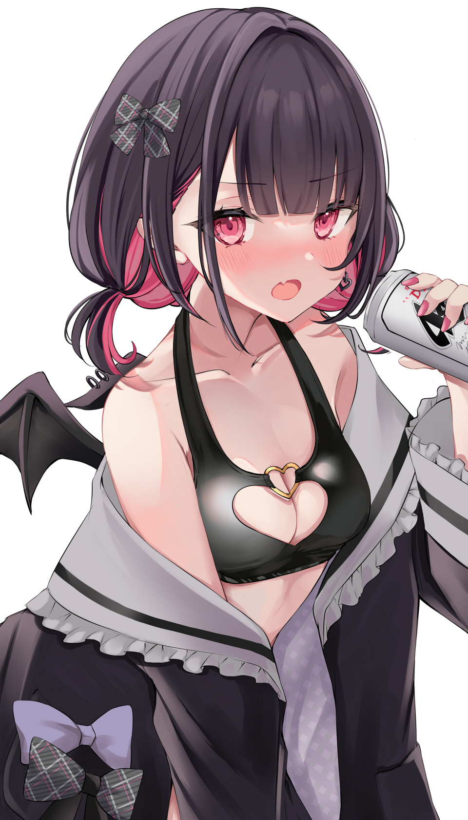 1girl asahi_breweries bangs bikini black_bikini black_hair black_shirt blunt_bangs blush bow breasts can cleavage_cutout clothing_cutout collar collarbone colored_inner_hair demon_wings eyebrows_visible_through_hair fang frilled_collar frills grey_bow hair_bow heart heart_cutout heart_necklace heart_ring heart_ring_top highres holding holding_can indie_virtual_youtuber looking_at_viewer low_twintails medium_breasts medium_hair multicolored_hair nose_blush off_shoulder open_clothes open_mouth open_shirt pink_eyes pink_hair pink_nails plaid plaid_bow rikotan_(vtuber) roriwanko shirt simple_background skin_fang solo swimsuit twintails virtual_youtuber white_background wings