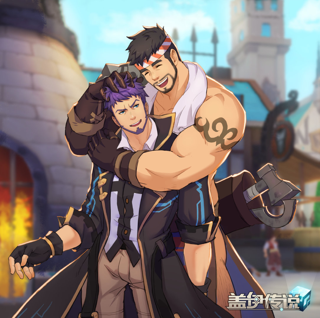 2boys artist_request bara beard black_hair blue_eyes building cloak closed_eyes facial_hair forge gloves gyee hammer hand_on_another's_head headband hug leg_hair logo loincloth manly master_(gyee) multiple_boys muscular muscular_male official_art pants purple_hair shirt sig_(gyee) smile tattoo thick_arms thick_eyebrows tools topless topless_male towel