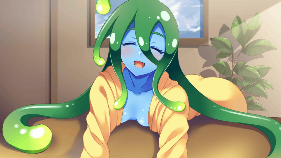 1girl ahoge artist_request blue_skin blue_slime blush breasts closed_eyes colored_skin couch game_cg green_eyes green_hair indoors leaning_forward long_hair monster_girl monster_musume_no_iru_nichijou monster_musume_no_iru_nichijou_online naked_raincoat official_art open_mouth plant raincoat slime_girl small_breasts solo suu_(monster_musume) tentacle_hair very_long_hair yellow_raincoat