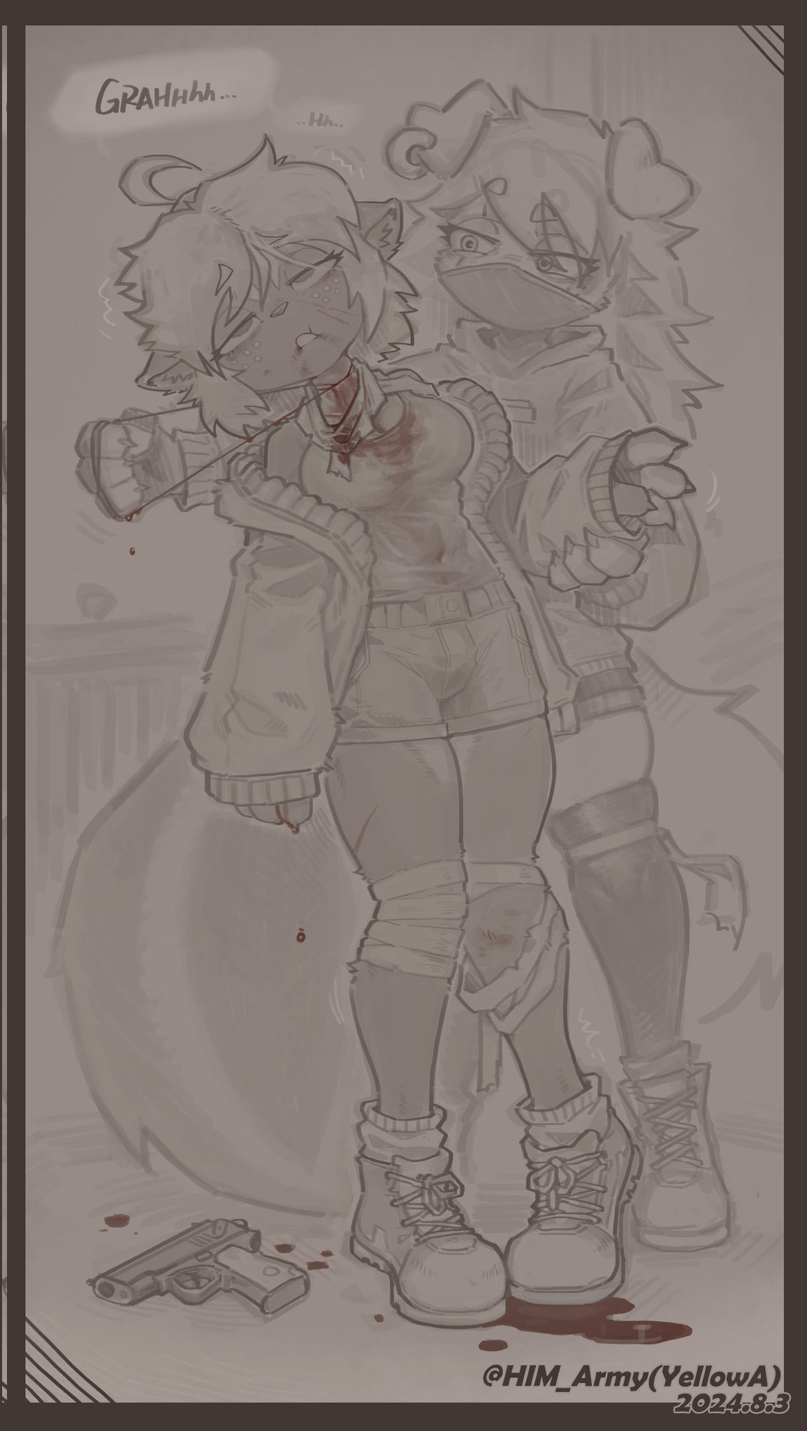 4_fingers anthro asphyxiation big_breasts blood bodily_fluids bottomwear breasts canid canine canis choking clothing curvy_figure death domestic_dog duo dying ear_piercing eye_scar facial_scar fatal fatal_wound female female_dominating_female fingers fluffy fluffy_tail footwear garrote gore gun handgun hi_res him_army hoodie hourglass_figure jacket killing mammal mask mephitid navel neck_wound piercing pistol ranged_weapon ryona scar shoes shorts skunk sneakers snuff tail tight_clothing topwear weapon
