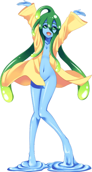 1girl ahoge artist_request blue_skin blue_slime breasts colored_skin full_body green_eyes green_hair long_hair monster_girl monster_musume_no_iru_nichijou monster_musume_no_iru_nichijou_online naked_raincoat official_art open_mouth raincoat slime_girl small_breasts solo suu_(monster_musume) tentacle_hair transparent_background very_long_hair yellow_raincoat