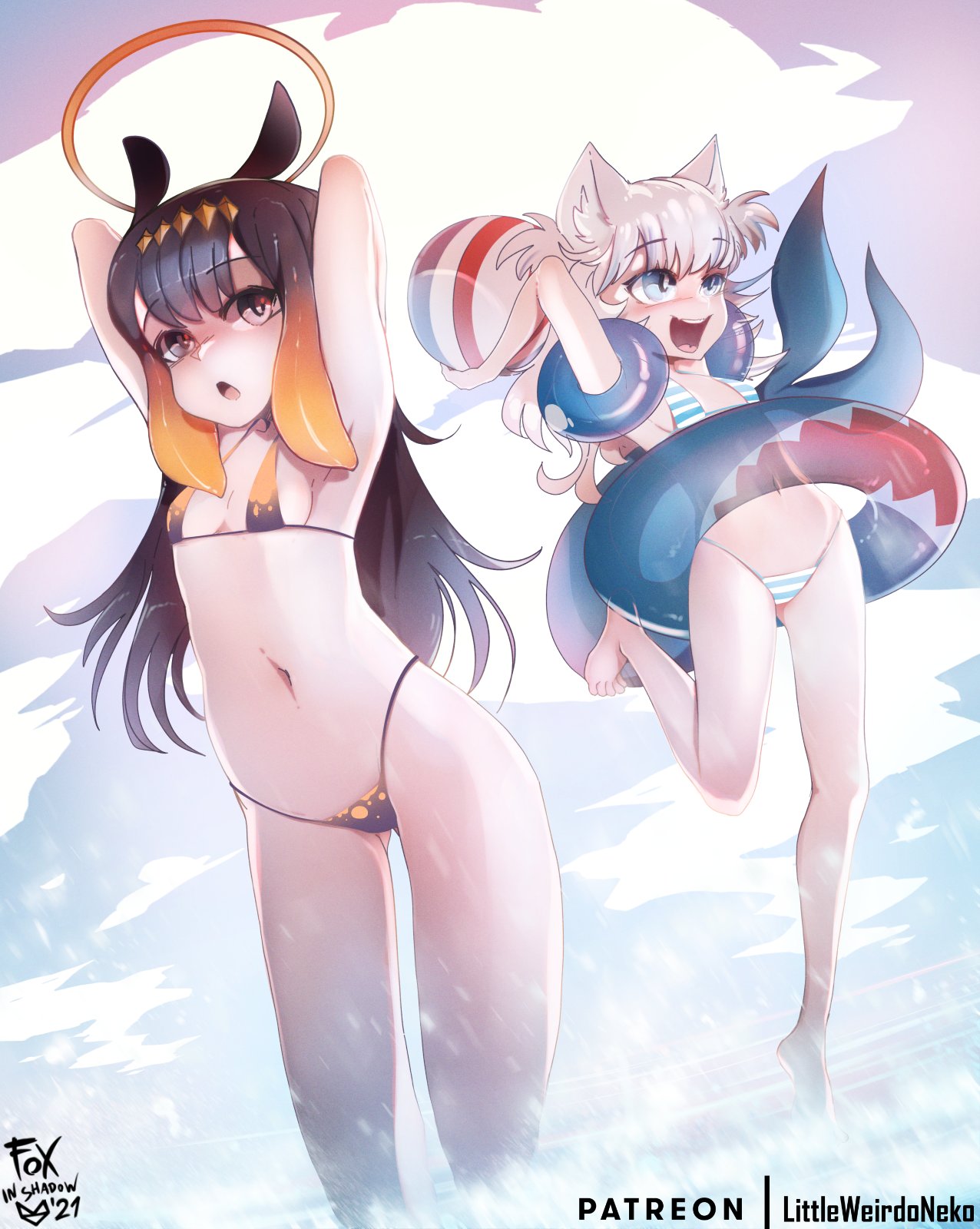 2girls ball beach beachball bikini blue_eyes breasts brown_hair cloud day foxinshadow gawr_gura hair_ornament highres hololive hololive_english inflatable_armbands innertube long_hair looking_to_the_side multicolored_hair multiple_girls ninomae_ina'nis outdoors sky small_breasts streaked_hair striped striped_bikini summer sunlight swimsuit tail virtual_youtuber water white_hair